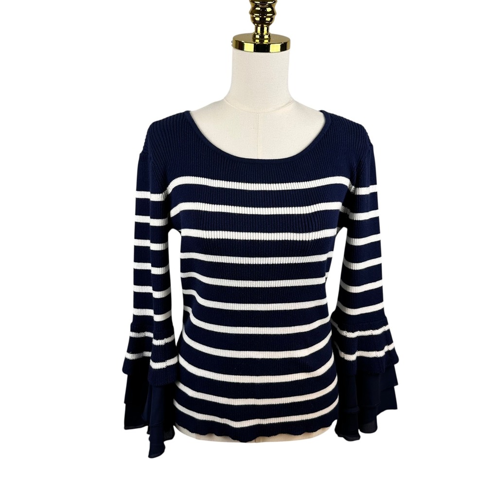 Allie & Rob Navy Blue White Striped Tiered Bell Sleeve Sweater Size M Nautical